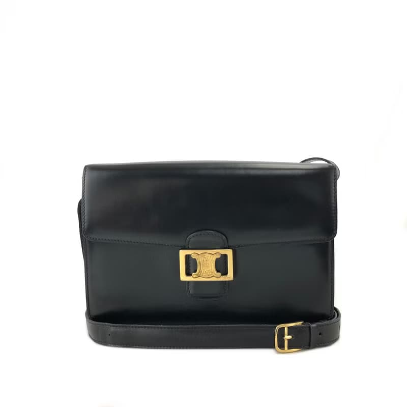 【 日本直送　名牌中古包 】CELINE セリーヌ トリオンフ レザー ショルダーバッグ ブラック vintage ヴィンテージ オールド 368agn