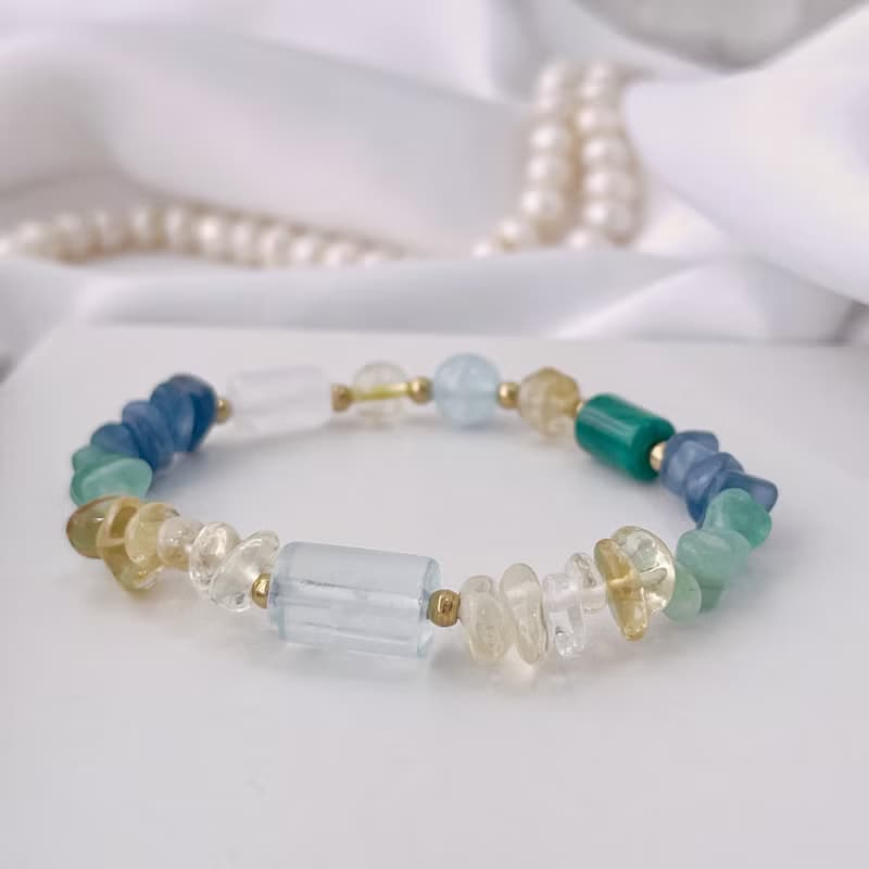 海藍寶 藍晶石 孔雀石 白水晶 黃水晶 鈦晶 招財平安天然水晶手鏈