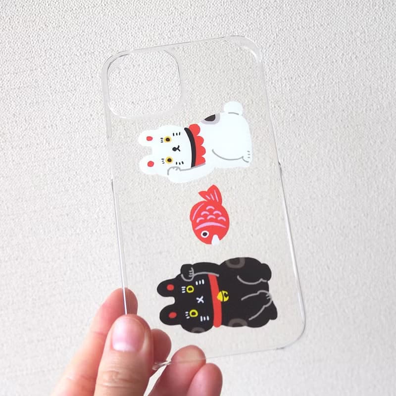 【クリアスマホケース】シロクロ招き猫
