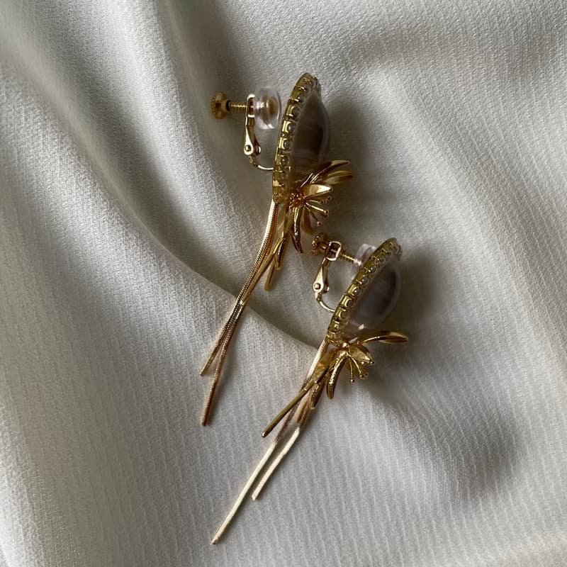 金色枝芽流蘇耳環 大理石灰