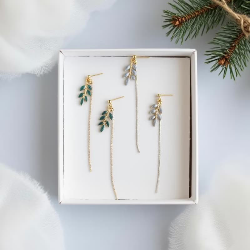 金枝玉葉 森系小清新樹葉長款垂墜耳環銀色綠色