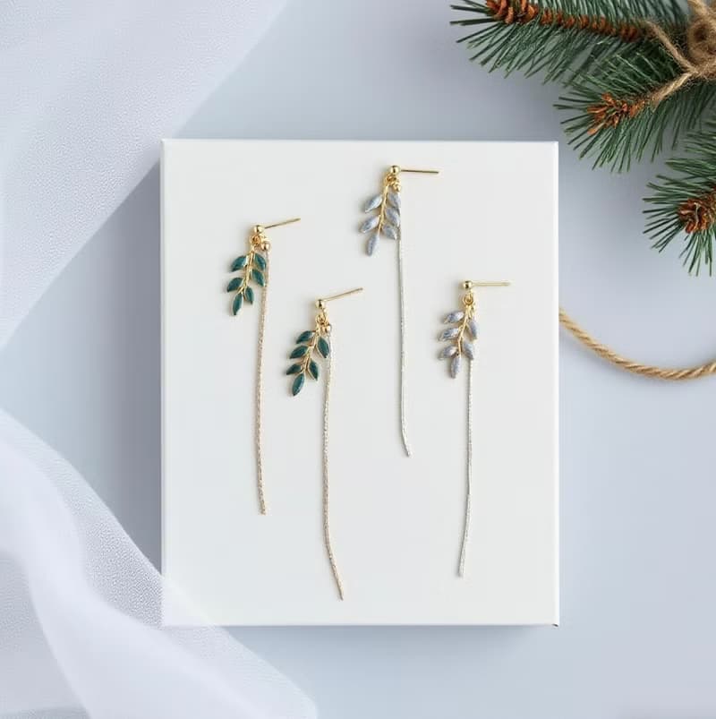 金枝玉葉 森系小清新樹葉長款垂墜耳環銀色綠色