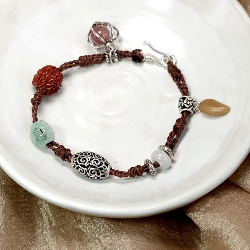 手鍊 天然 鹽源瑪瑙 草莓水晶 金剛菩提 翡翠 925銀飾 蠟線 編織