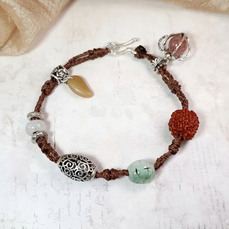 手鍊 天然 鹽源瑪瑙 草莓水晶 金剛菩提 翡翠 925銀飾 蠟線 編織