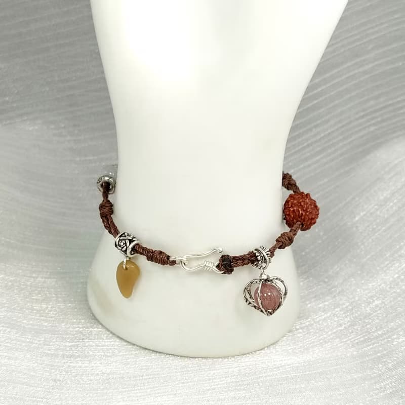 手鍊 天然 鹽源瑪瑙 草莓水晶 金剛菩提 翡翠 925銀飾 蠟線 編織