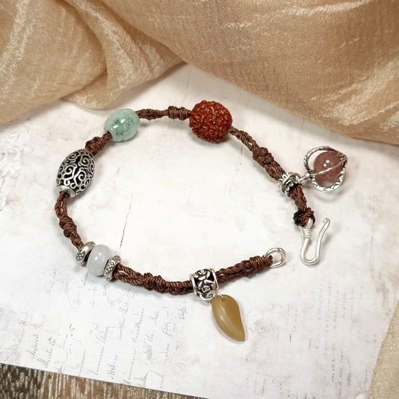 手鍊 天然 鹽源瑪瑙 草莓水晶 金剛菩提 翡翠 925銀飾 蠟線 編織