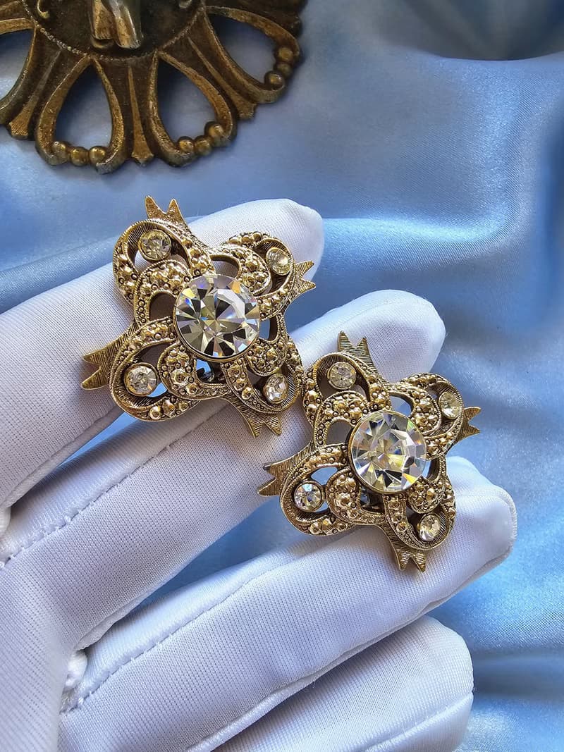 金鉚釘流線晶鑽緞帶夾式耳環/vintage美國西洋古董飾品