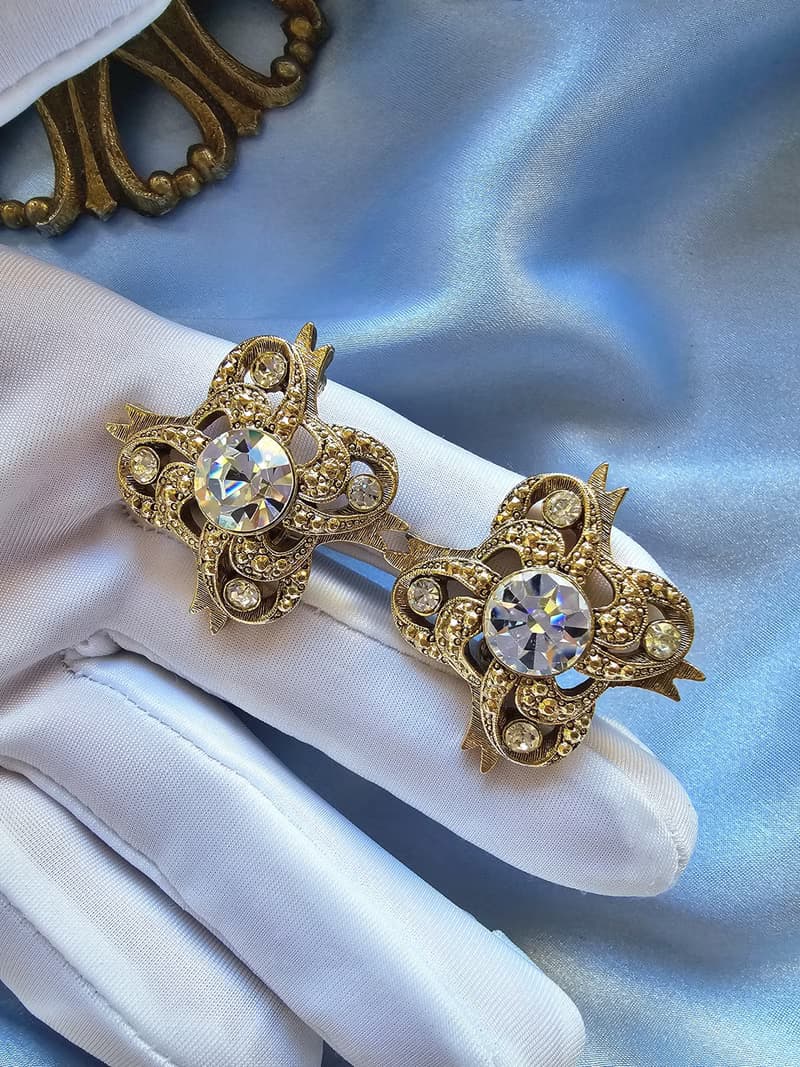 金鉚釘流線晶鑽緞帶夾式耳環/vintage美國西洋古董飾品