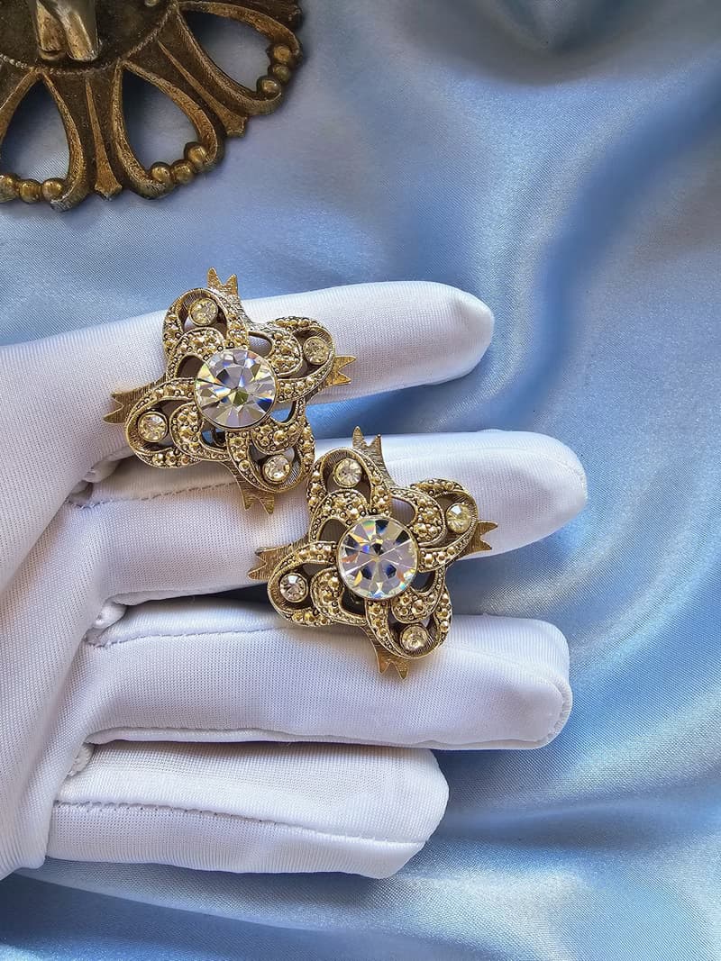 金鉚釘流線晶鑽緞帶夾式耳環/vintage美國西洋古董飾品