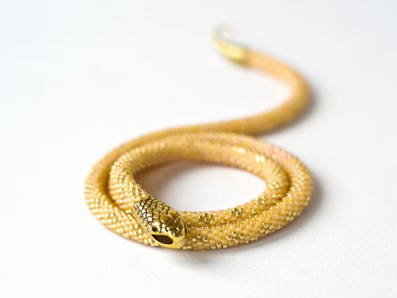 Yellow beaded snake choker, Seed bead necklace, Ouroboros, Bead crochet necklace
