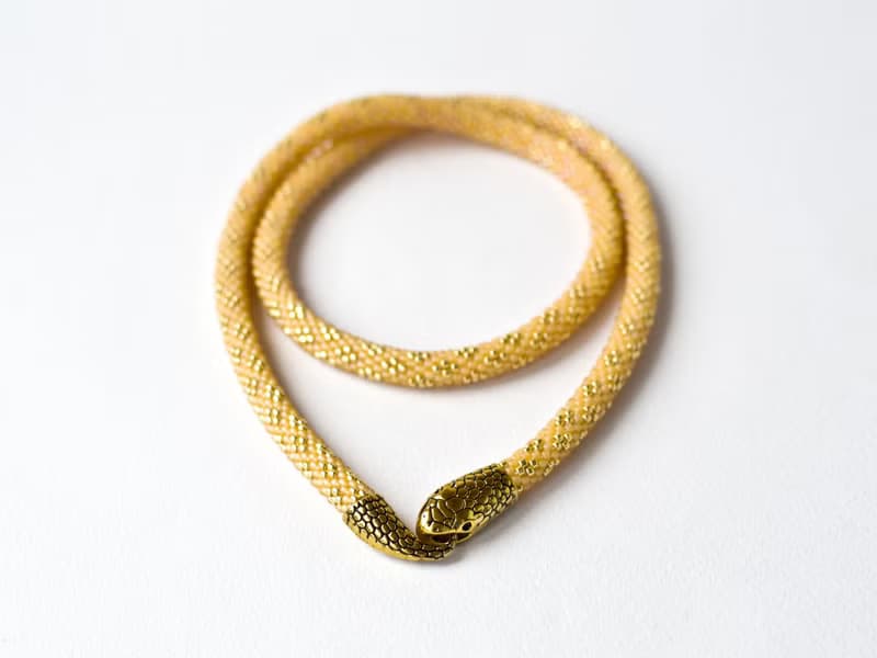 Yellow beaded snake choker, Seed bead necklace, Ouroboros, Bead crochet necklace