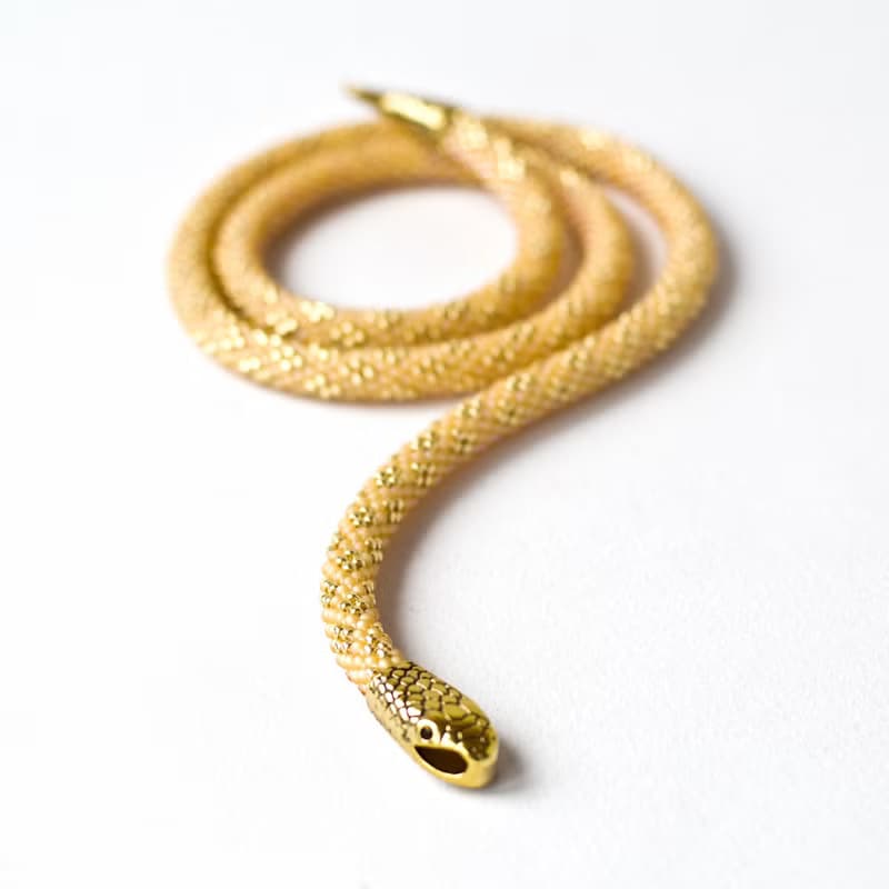 Yellow beaded snake choker, Seed bead necklace, Ouroboros, Bead crochet necklace