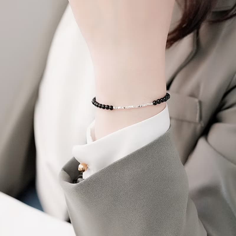 黑瑪瑙榮耀純銀手鍊 | 能量水晶 銀碎石 護身招貴人 個性女生禮物
