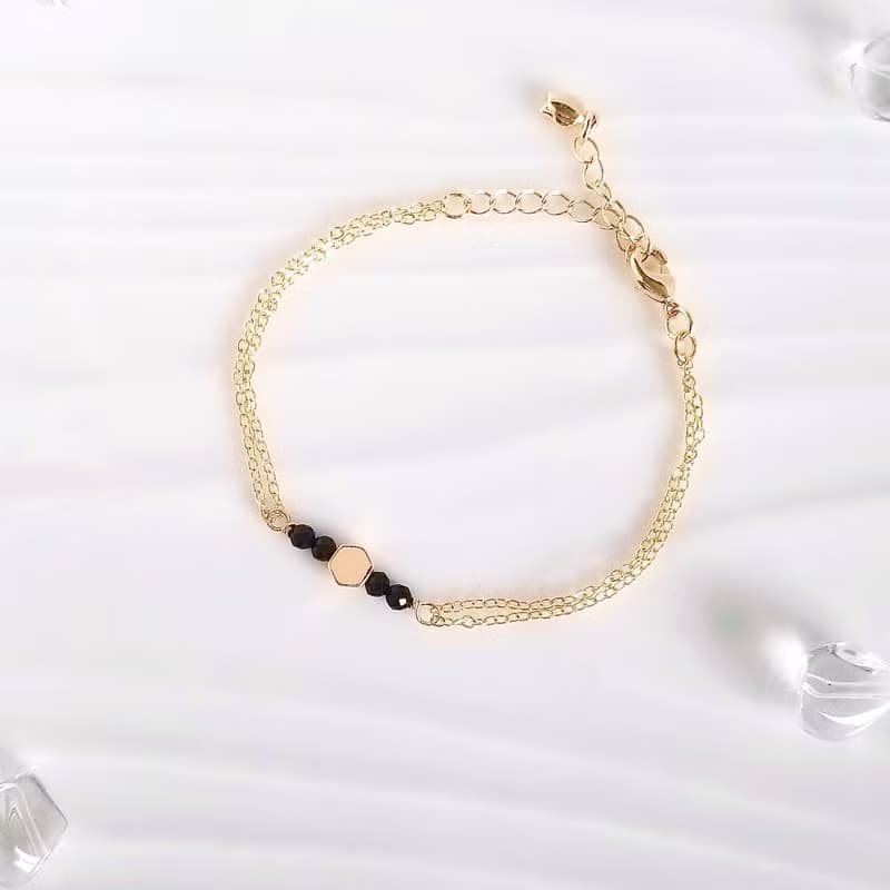 黑尖晶石簡約亮金雙層手鍊 | 清理負能量 舒緩情緒壓力 煩躁 憤怒