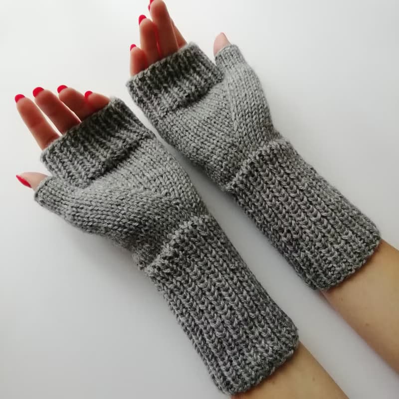 灰色羊毛针织连指手套手工露指手套女式礼品配饰套