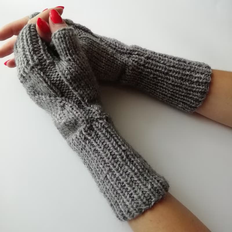 灰色羊毛针织连指手套手工露指手套女式礼品配饰套