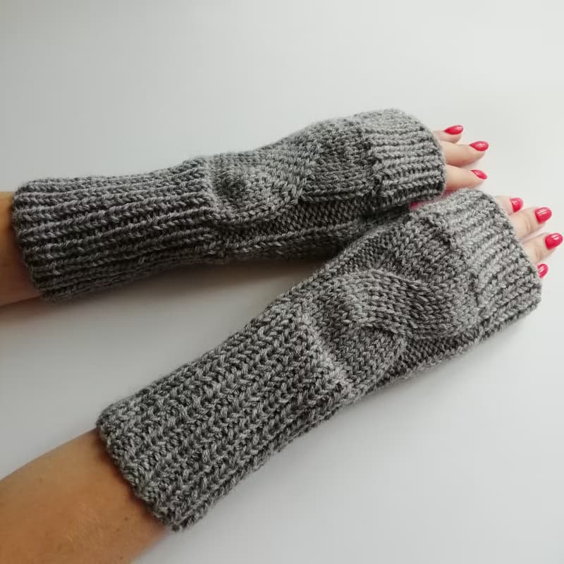 灰色羊毛针织连指手套手工露指手套女式礼品配饰套