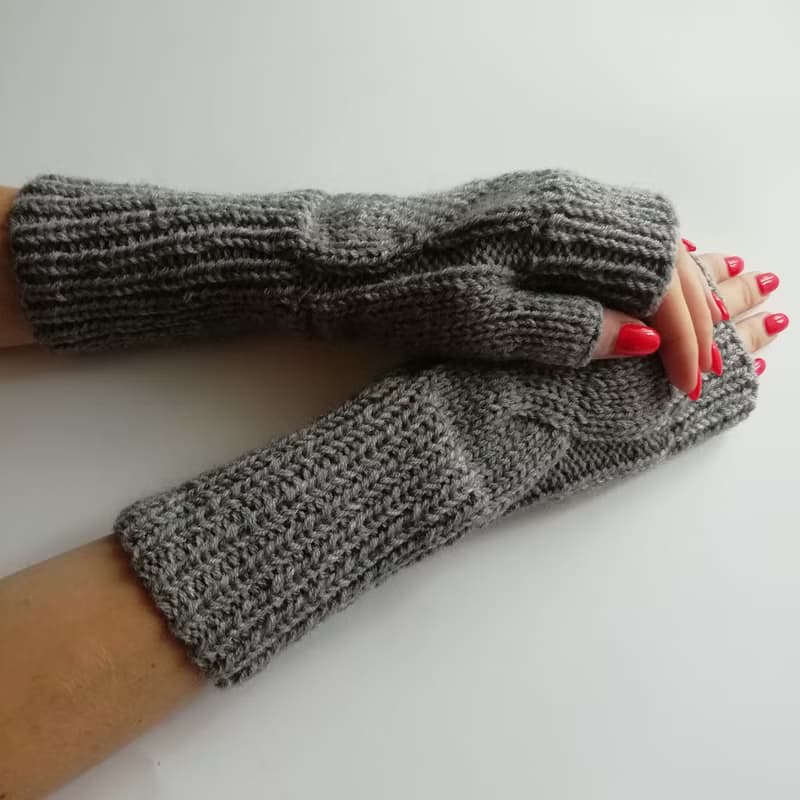 灰色羊毛针织连指手套手工露指手套女式礼品配饰套
