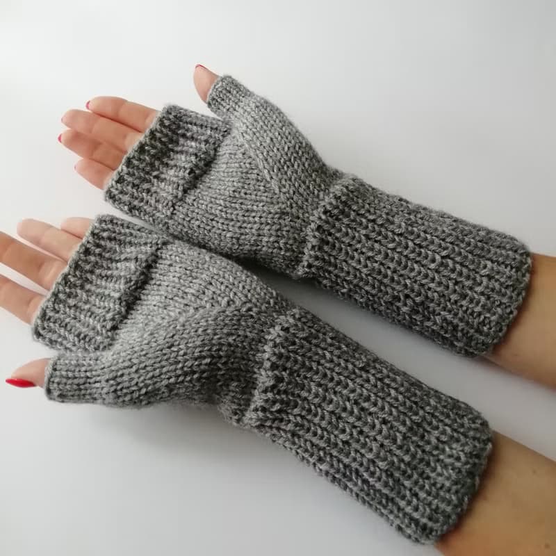 灰色羊毛针织连指手套手工露指手套女式礼品配饰套