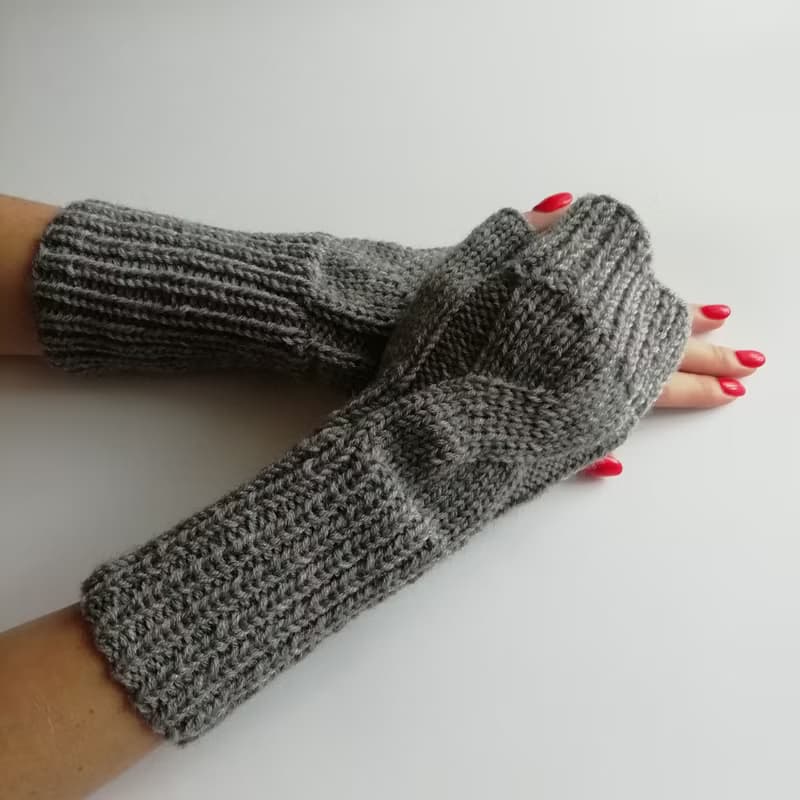 灰色羊毛针织连指手套手工露指手套女式礼品配饰套