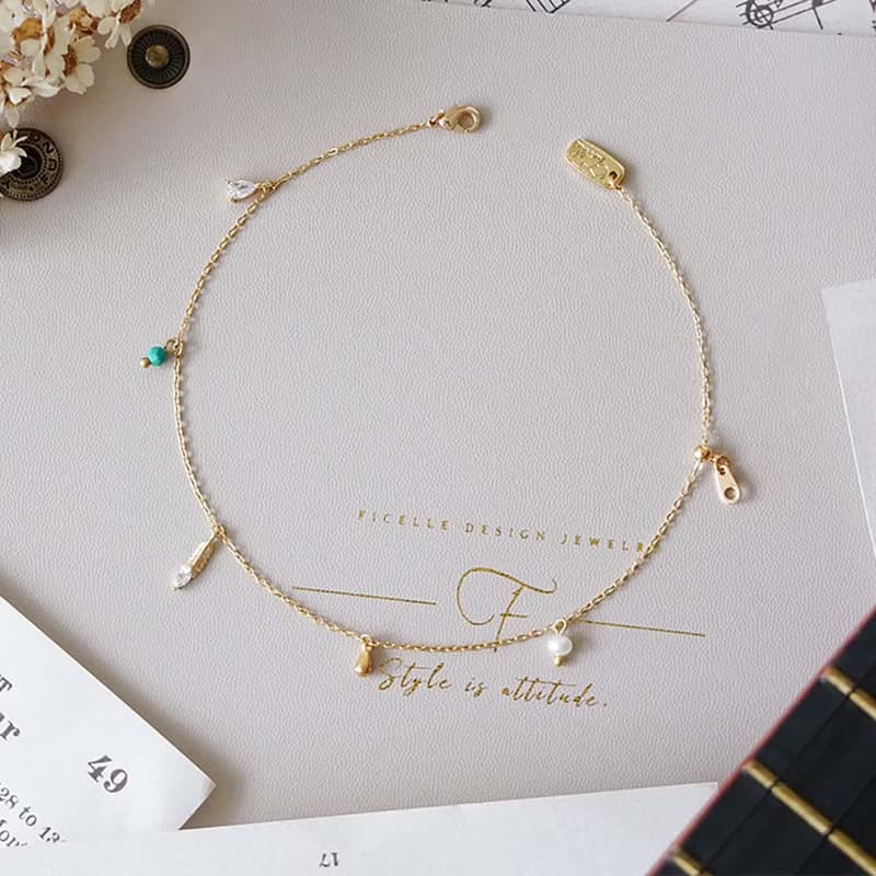 正能量 x 綠松石 珍珠 鋯石 白 黃銅 K金 【乘風漫遊】 腳鍊