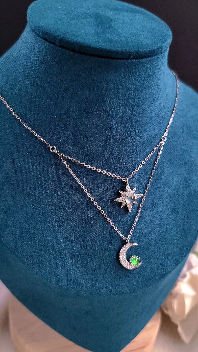 |星月女神|A貨翡翠冰玻藍剛綠剛蛋面4.2mm純銀鍍18k星月款項鍊