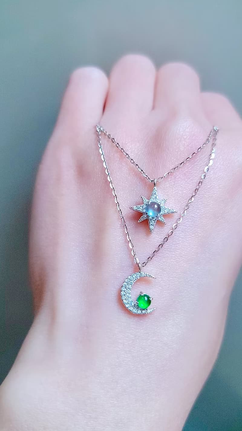 |星月女神|A貨翡翠冰玻藍剛綠剛蛋面4.2mm純銀鍍18k星月款項鍊