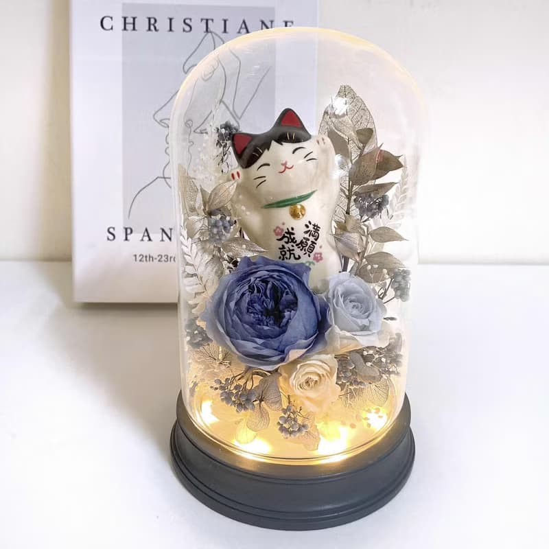 招財貓永生花玻璃罩 一拍即亮設計・開幕/居家桌飾花禮