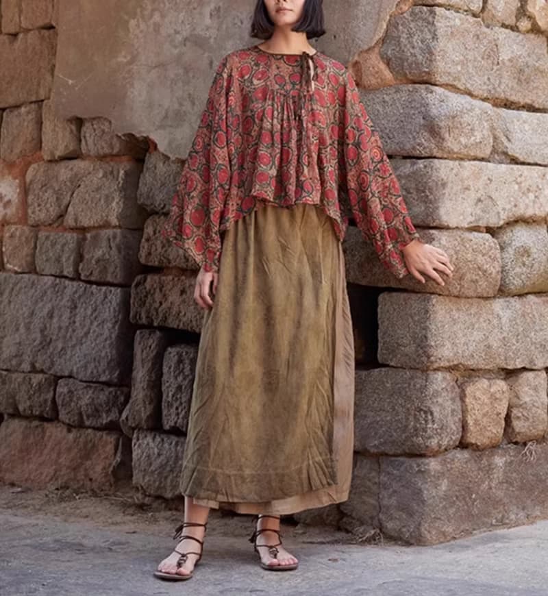 復古文青 真絲植物染半身裙