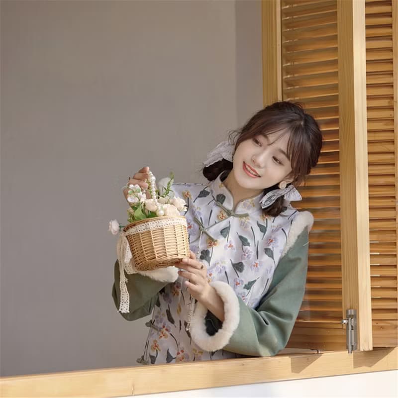 白綠碎花拼接 秋冬加厚假兩件洋裝外套 新中式中秋春節改良旗袍