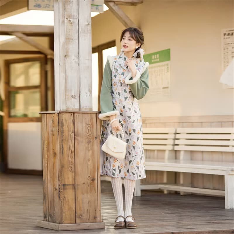 白綠碎花拼接 秋冬加厚假兩件洋裝外套 新中式中秋春節改良旗袍