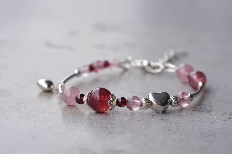 情深深 - 草莓晶 粉晶 石榴石 925純銀 手鍊