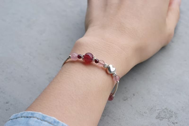 情深深 - 草莓晶 粉晶 石榴石 925純銀 手鍊