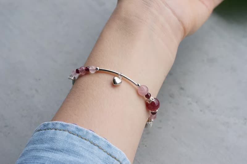 情深深 - 草莓晶 粉晶 石榴石 925純銀 手鍊