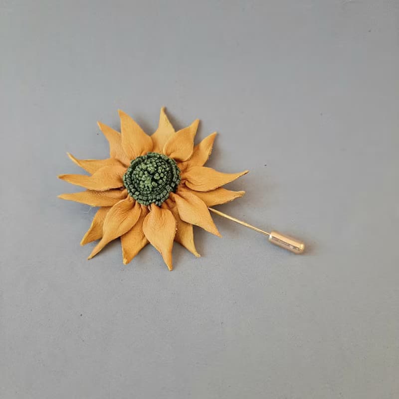 Mens lapel pin leather sunflower, Fathers day gift for him