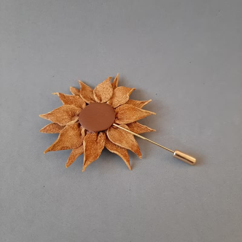 Mens lapel pin leather sunflower, Fathers day gift for him