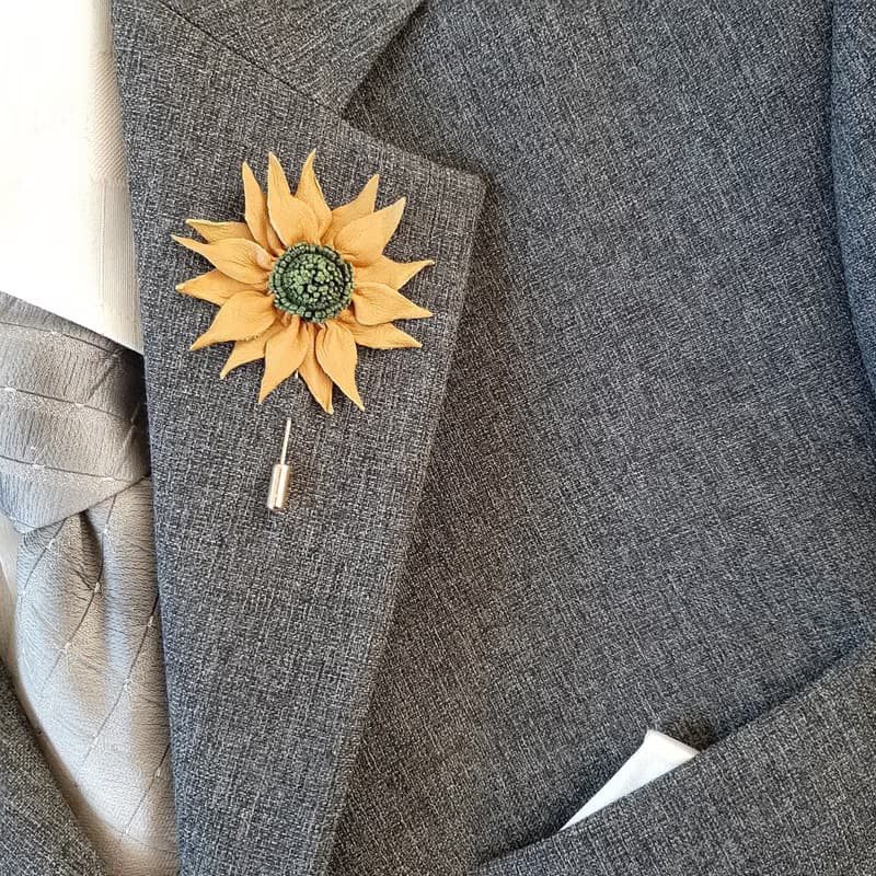 Mens lapel pin leather sunflower, Fathers day gift for him