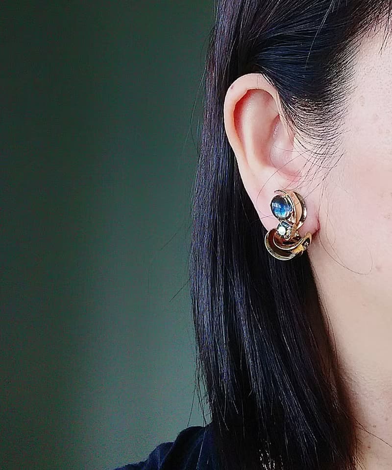 vintage jewelry 古典藝術仿寶石萊茵 夾式耳環