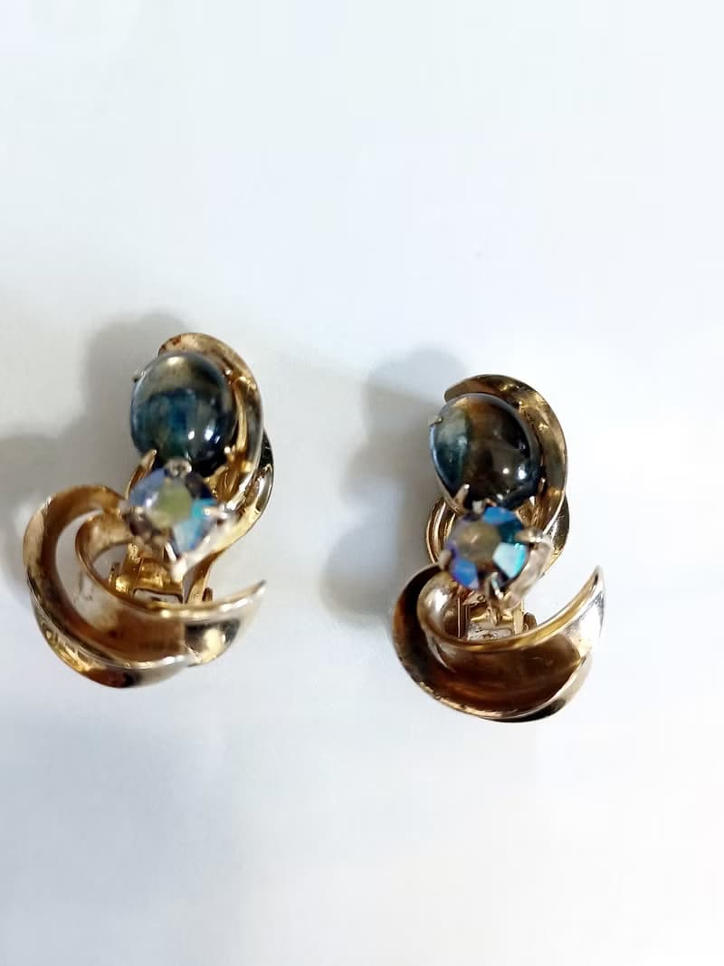 vintage jewelry 古典藝術仿寶石萊茵 夾式耳環