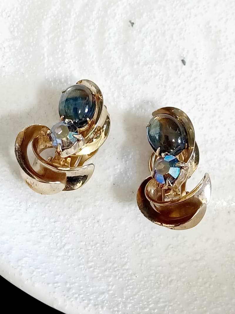 vintage jewelry 古典藝術仿寶石萊茵 夾式耳環