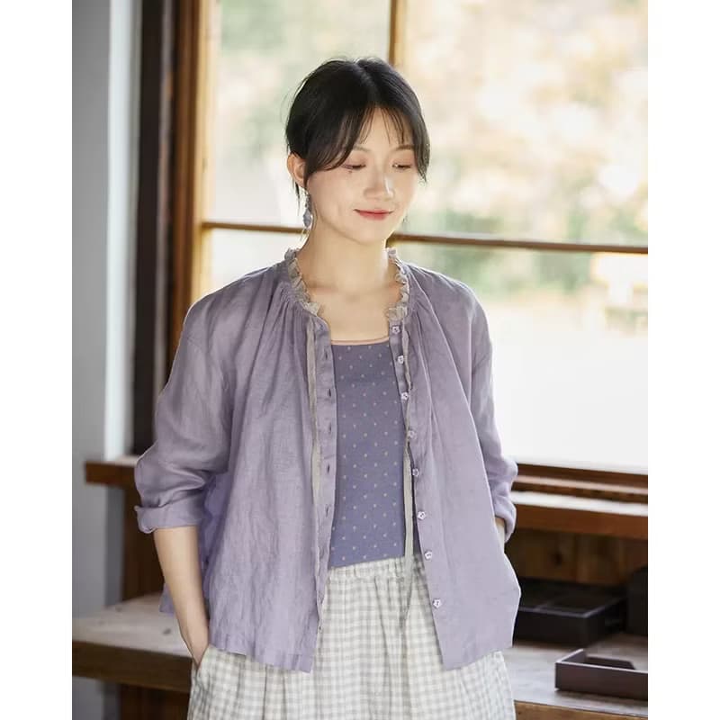 無盡夏紫純亞麻木耳花邊領圓領小襯衫