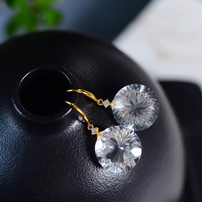 純天然白水晶切面鳥巢耳墜 高冰起熒光 底色潔白均勻 晶體通透