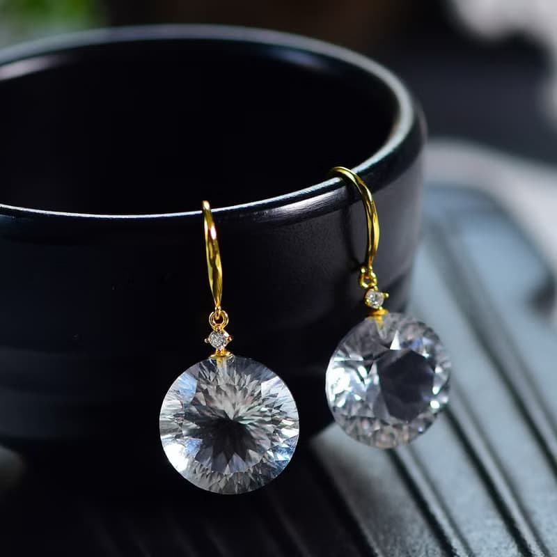 純天然白水晶切面鳥巢耳墜 高冰起熒光 底色潔白均勻 晶體通透