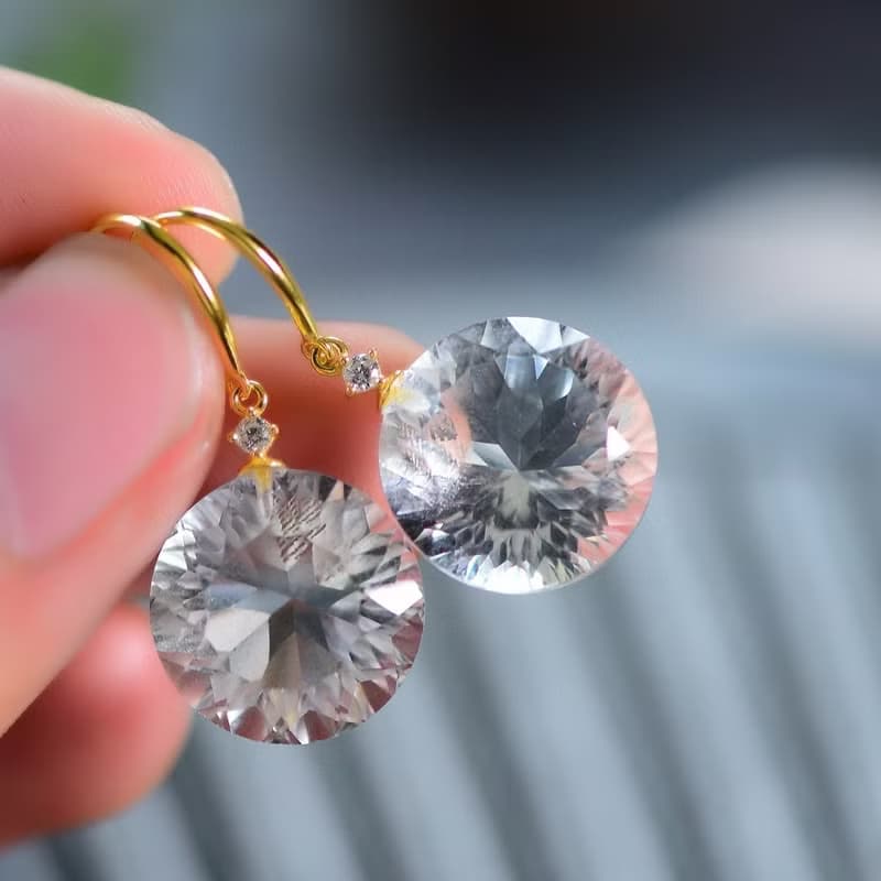 純天然白水晶切面鳥巢耳墜 高冰起熒光 底色潔白均勻 晶體通透