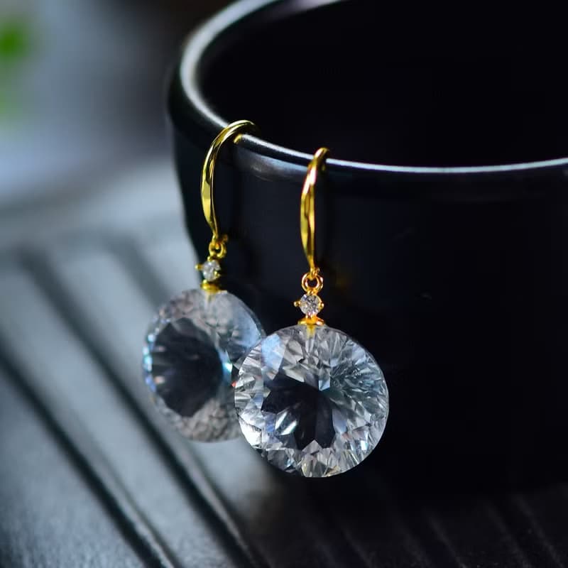 純天然白水晶切面鳥巢耳墜 高冰起熒光 底色潔白均勻 晶體通透