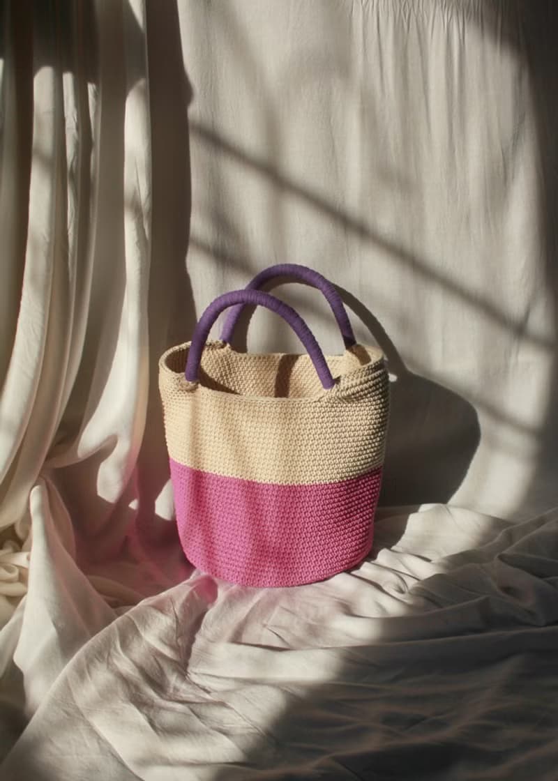 Two Tone Bucket hand bags (Pink+Cream) Purple Strap
