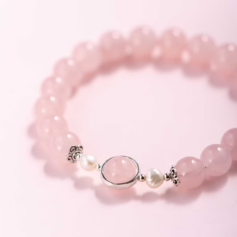 粉水晶珍珠925純銀手鍊 | 天然水晶手鍊禮物