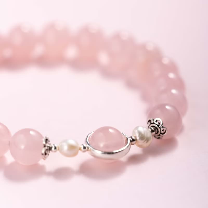 粉水晶珍珠925純銀手鍊 | 天然水晶手鍊禮物