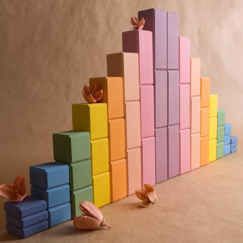 Stepped Counting Building Blocks Set Pastel Rainbow  Wooden Montessori Kids Toy