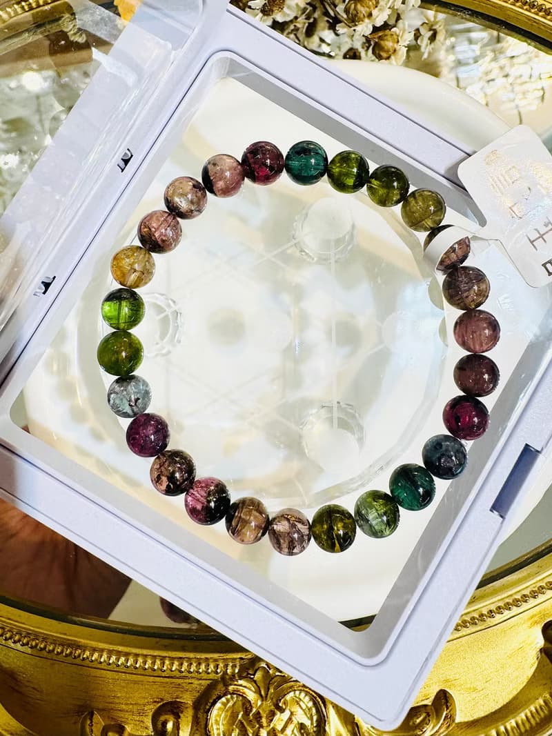 天然黑墨彩混碧璽水晶7mm15g西瓜碧璽藍碧璽高頻磁場旺夫石電氣石